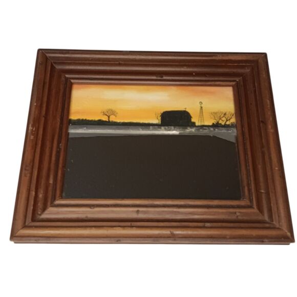 Vintage Small Painting W/ Mirror Barn Windmill Landscape Sunset Framed Rustic - Picture 2 of 12